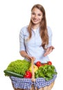 Attractive woman presenting a basket with fruits and vegetables Royalty Free Stock Photo