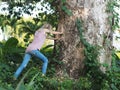 An attractive woman pushes a large tree