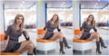 Attractive woman with short dress and long leather boots posing in mall. Beautiful fashionable young girl sitting on orange bench