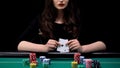 Attractive woman showing aces pair at casino poker game, feminine trick, luck Royalty Free Stock Photo