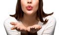 Attractive woman showing air kiss. Pretty attractive lady send air kisses open palm flirting, tempting lips. Sweet girl Royalty Free Stock Photo