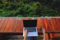 Attractive woman sitting with a laptop and a cup of coffee Royalty Free Stock Photo