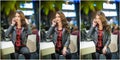 Attractive woman speaking on mobile in mall. Beautiful fashionable young girl in black leather jacket posing in shopping center