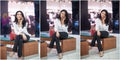 Attractive woman speaking on mobile in mall. Beautiful fashionable young girl in white male shirt sitting on wooden bench