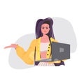 Attractive woman using laptop beautiful girl model in trendy clothes female cartoon character portrait isolated