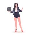 Attractive woman using laptop beautiful girl model in trendy clothes female cartoon character standing pose