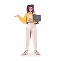 Attractive woman using laptop beautiful girl model in trendy clothes female cartoon character standing pose