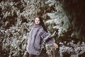 Attractive woman in white and gray fur coat Royalty Free Stock Photo