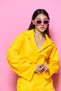 woman lifestyle sunglasses fashion attractive young yellow lovely girl beautiful trendy