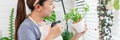 Attractive Young Asian woman taking care Water the household plants pots near window, Gardening at Home concept Royalty Free Stock Photo