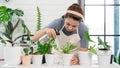 Attractive Young Asian woman taking care Water the household plants pots near window, Gardening at Home concept Royalty Free Stock Photo