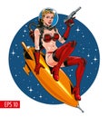 Attractive young astronaut woman riding a rocket or missile. Vector illustration