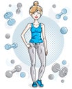 Attractive young blonde sportswoman adult standing on simple background with dumbbells and barbells. Vector illustration of lady