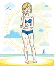 Attractive young blonde woman posing on tropical beach and wearing blue bikini. Vector nice lady illustration. Summertime theme c