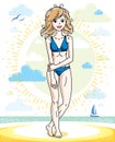 Attractive young blonde woman posing on tropical beach and wearing blue bikini. Vector nice lady illustration. Summertime theme c