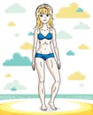 Attractive young blonde woman standing on tropical beach and wearing blue bathing suit. Vector human illustration. Summer Royalty Free Stock Photo