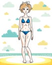 Attractive young blonde woman standing on tropical beach and wearing blue bathing suit. Vector human illustration. Summer Royalty Free Stock Photo