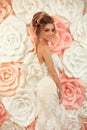 Attractive young bride with makeup and hairstyle, in wedding dress. Closeup portrait of young gorgeous woman over roses wall Royalty Free Stock Photo