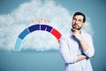 Attractive young busiess man with rising stress level scale on abstract blue background with cloud. How to reduce stress levels Royalty Free Stock Photo