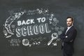 Attractive young businessman with folded arms standing on creative back to school sketch on blackboard background. Education,