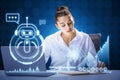 Attractive young businesswoman doing paperwork at desktop with laptop and glowing robot and chart on blue background. Artificial