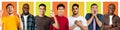 Attractive young diverse men with different emotions on yellow and orange backgrounds, collage, panorama