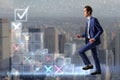 Attractive young european businessman climbing digital stairs to success on blurry city background. Futuristic goal achievement Royalty Free Stock Photo