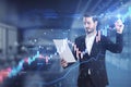 Attractive young european businessman with document in hand using glowing candlestick forex chart hud on blurry office interior Royalty Free Stock Photo