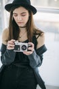 Attractive young girl photographer journalism student Royalty Free Stock Photo