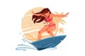 Attractive young girl silhouette surfing on surfboard. Royalty Free Stock Photo