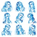 Attractive young ladies vector art portraits collection, blue outline. Facial expression of females, different characters.