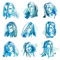 Attractive young ladies vector art portraits collection, blue outline. Facial expression of females, different characters.