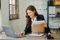 Attractive young lawyer in office Business woman and lawyers discussing contract papers laptop and tablet with brass scale on Royalty Free Stock Photo