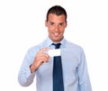 Attractive young man holding a business blank card Royalty Free Stock Photo