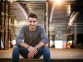 Attractive young man portrait at night with city lights