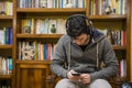 Attractive young man sitting listening to music on a set of stereo headphones Royalty Free Stock Photo