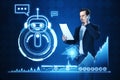 Attractive young man with smartphone and document with glowing robot and chart hologram on blue background. Artificial