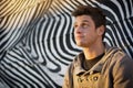 Attractive young man standing against zebra