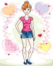 Attractive young red-haired woman adult standing on colorful backdrop with Valentine romantic hearts in casual clothes. Vector Royalty Free Stock Photo