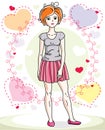 Attractive young red-haired woman adult standing on colorful backdrop with Valentine romantic hearts in casual clothes. Vector Royalty Free Stock Photo