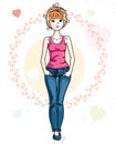 Attractive young red-haired woman adult standing on colorful backdrop with Valentine romantic hearts in casual clothes. Vector Royalty Free Stock Photo