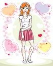 Attractive young red-haired woman adult standing on colorful backdrop with Valentine romantic hearts in casual clothes. Vector Royalty Free Stock Photo