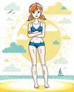 Attractive young red-haired woman posing on tropical beach and wearing blue bikini. Vector nice lady illustration. Summertime