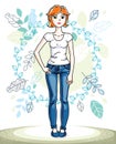 Attractive young red-haired woman standing on background of spring landscape and wearing stylish casual clothes. Vector human ill Royalty Free Stock Photo