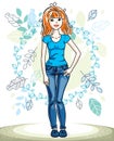 Attractive young red-haired woman standing on background of spring landscape and wearing stylish casual clothes. Vector human ill Royalty Free Stock Photo
