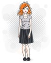 Attractive young red-haired woman standing on modern background Royalty Free Stock Photo