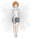 Attractive young red-haired woman standing on modern background Royalty Free Stock Photo