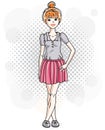 Attractive young red-haired woman standing on modern background Royalty Free Stock Photo