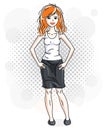 Attractive young red-haired woman standing on modern background Royalty Free Stock Photo