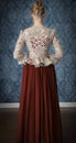 Red-haired 18th century woman standing in front of baroque wall paper Royalty Free Stock Photo